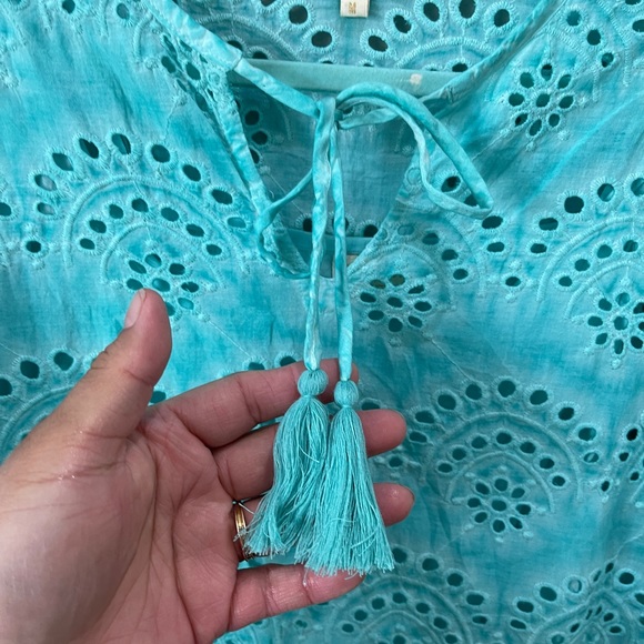 Ruby Yaya Embroidered Eyelet Shift Dress W/ Slip Flare Short Sleeve Aqua Cotton - Picture 7 of 12